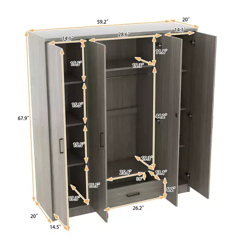 Armoire 4 portes en bois avec tringle, 1 tiroir et étagères de rangement