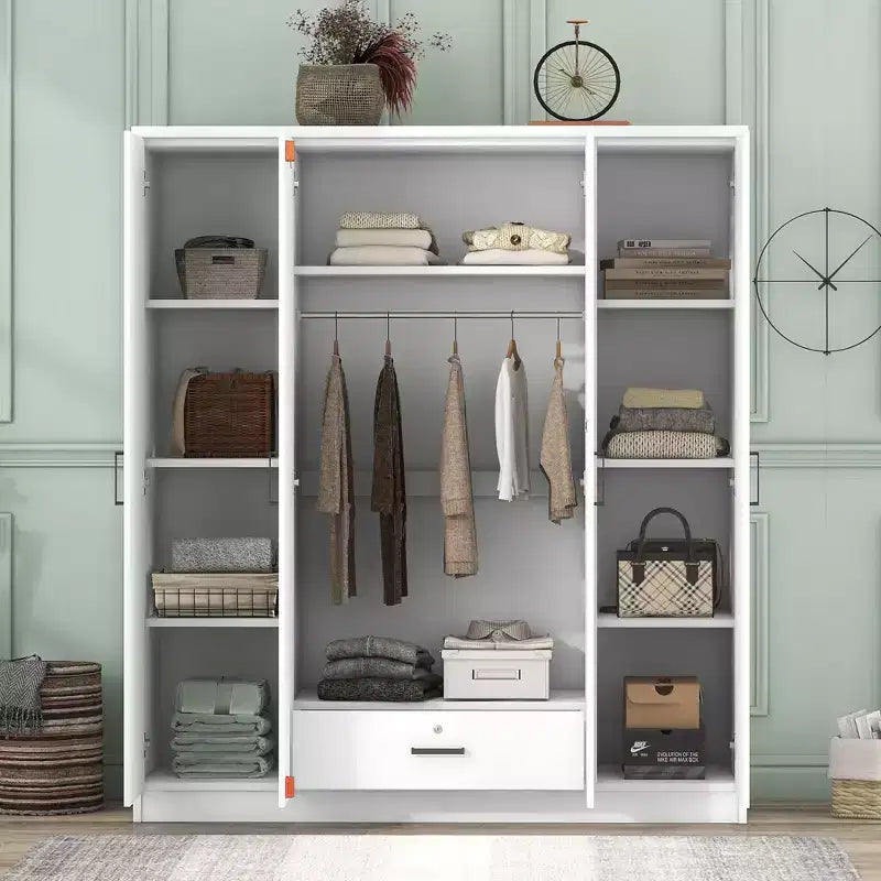 Armoire 4 portes en bois avec tringle, 1 tiroir et étagères de rangement