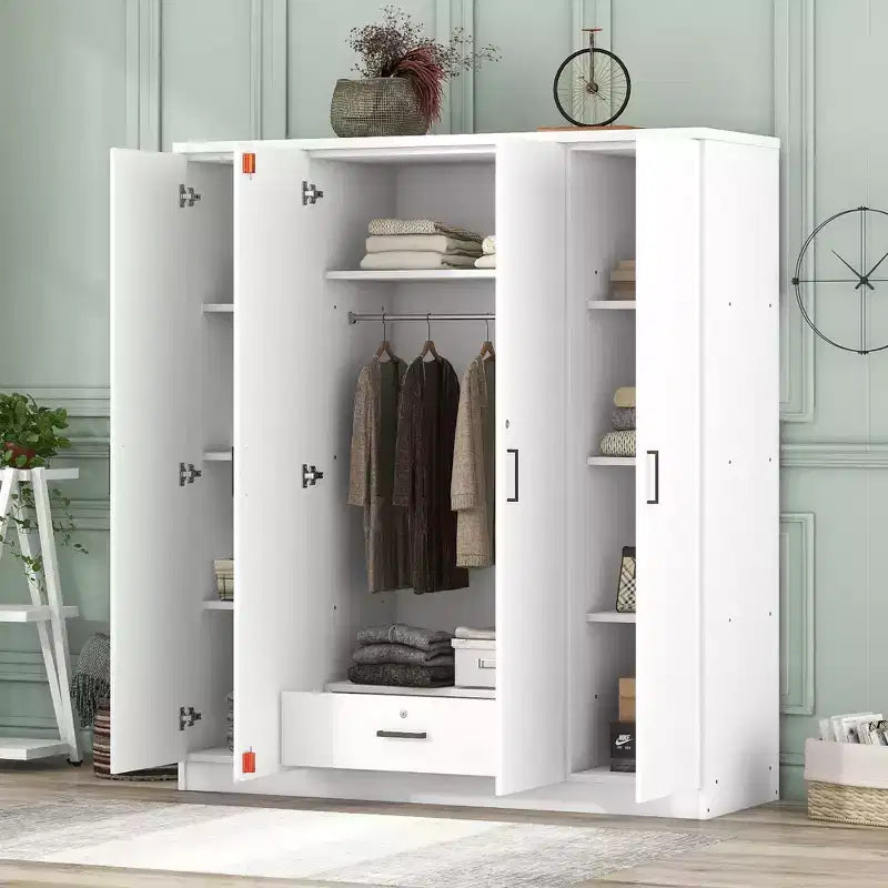 Armoire 4 portes en bois avec tringle, 1 tiroir et étagères de rangement