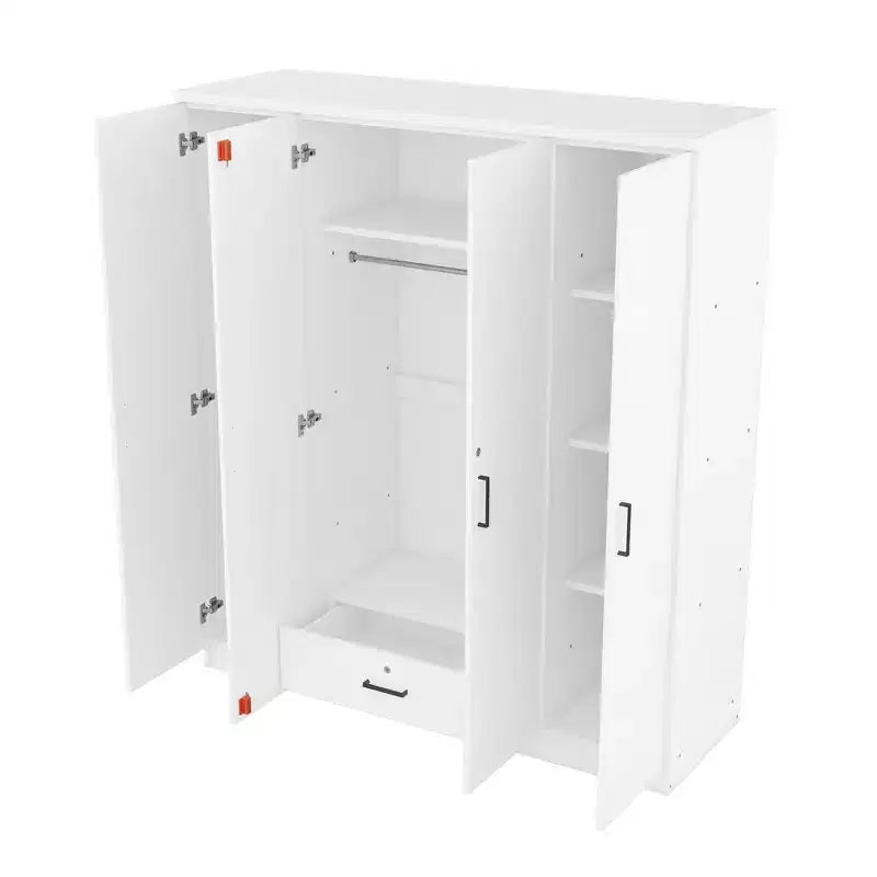 Armoire 4 portes en bois avec tringle, 1 tiroir et étagères de rangement