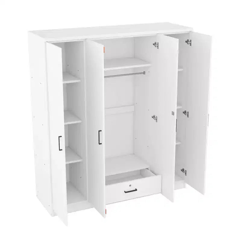 Armoire 4 portes en bois avec tringle, 1 tiroir et étagères de rangement