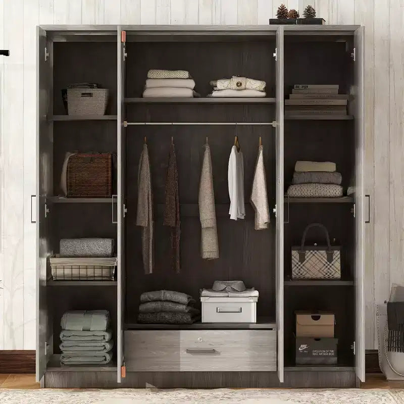 Armoire 4 portes en bois avec tringle, 1 tiroir et étagères de rangement