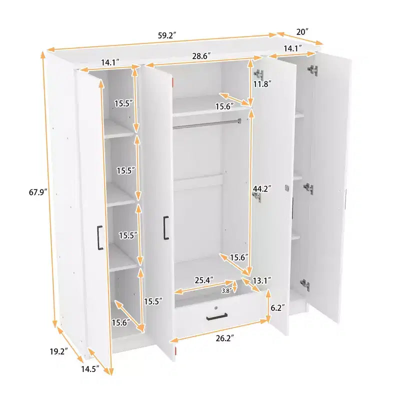 Armoire 4 portes en bois avec tringle, 1 tiroir et étagères de rangement