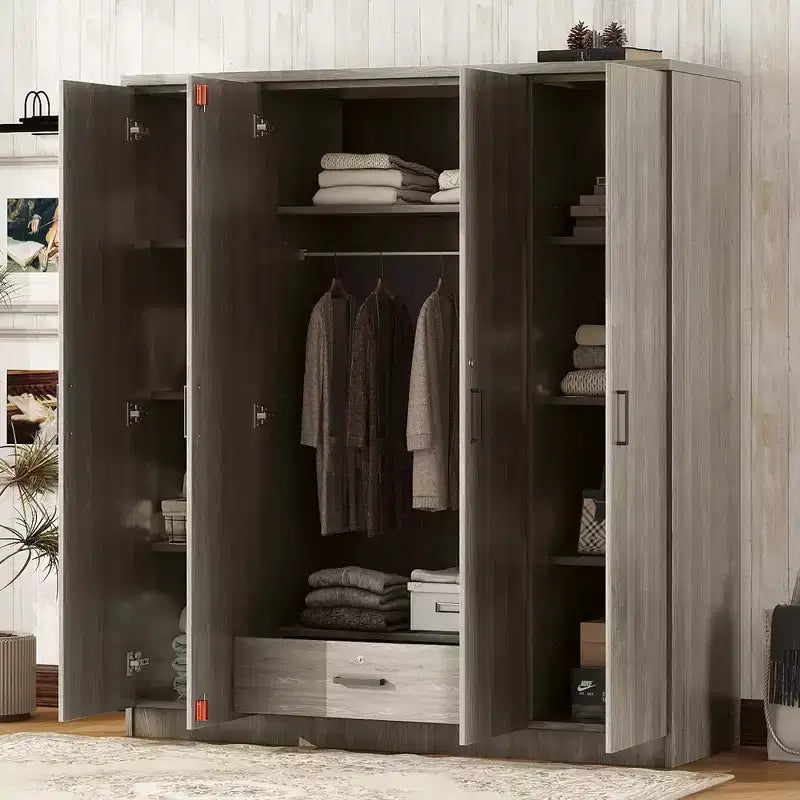 Armoire 4 portes en bois avec tringle, 1 tiroir et étagères de rangement