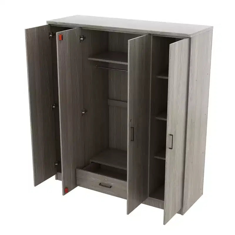 Armoire 4 portes en bois avec tringle, 1 tiroir et étagères de rangement