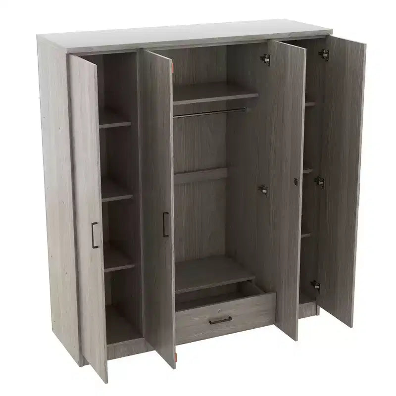 Armoire 4 portes en bois avec tringle, 1 tiroir et étagères de rangement
