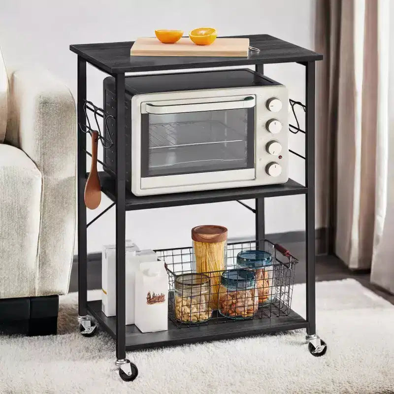Kitchen Shelf on Wheels, Serving Cart with 3 Shelves, Kitchen Cart, Microwave Shelf, for Mini Oven, Toaster, with 6 Hooks