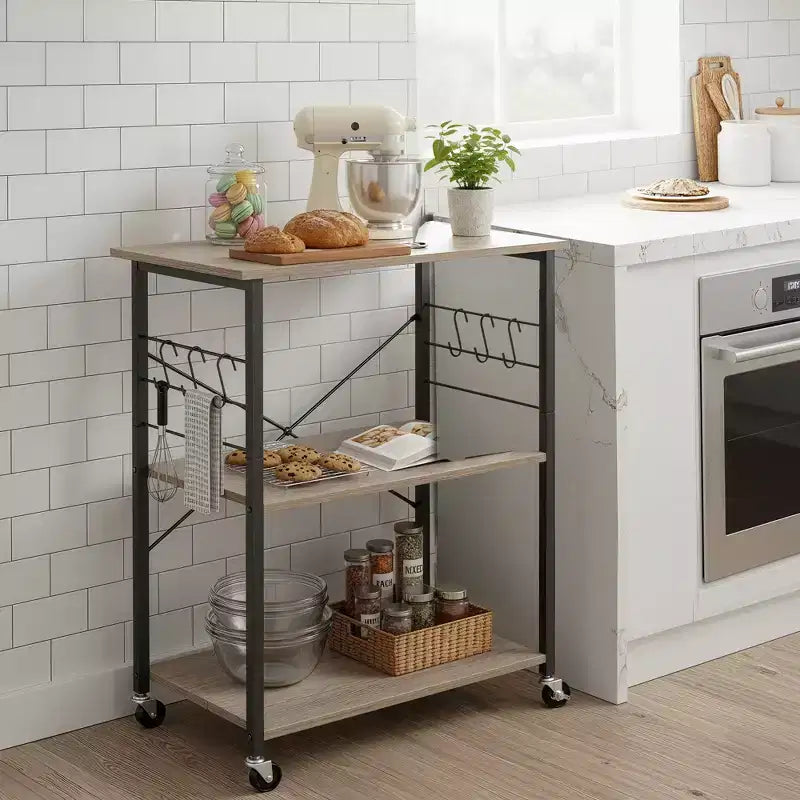 Étagère de cuisine à roulettes, Desserte de service à 3 niveaux, Chariot de cuisine, Étagère pour micro-ondes, pour Mini Four, Grille-pain, avec 6 Crochets