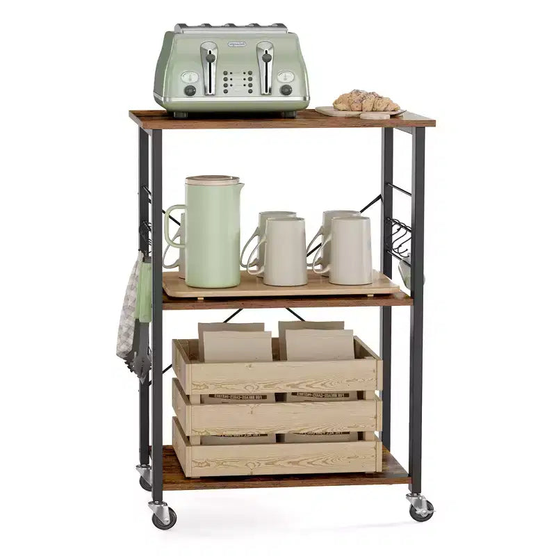 Étagère de cuisine à roulettes, Desserte de service à 3 niveaux, Chariot de cuisine, Étagère pour micro-ondes, pour Mini Four, Grille-pain, avec 6 Crochets