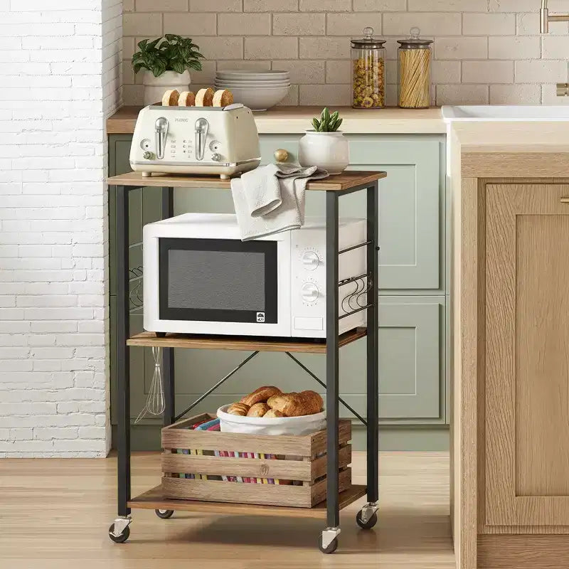 Étagère de cuisine à roulettes, Desserte de service à 3 niveaux, Chariot de cuisine, Étagère pour micro-ondes, pour Mini Four, Grille-pain, avec 6 Crochets