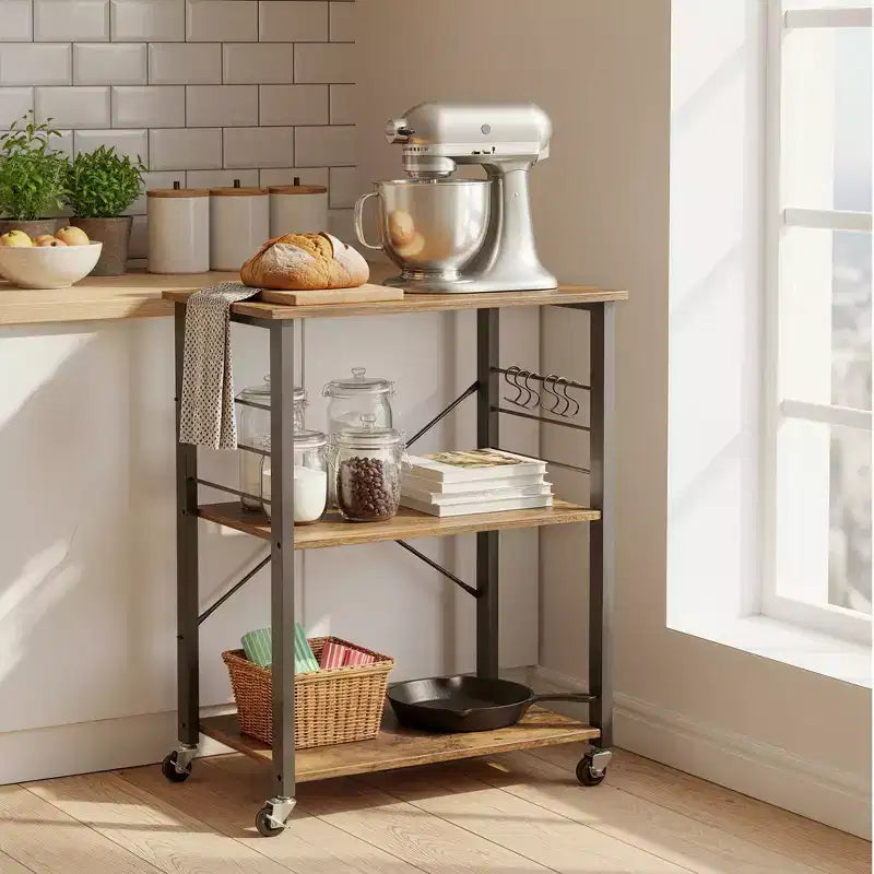 Étagère de cuisine à roulettes, Desserte de service à 3 niveaux, Chariot de cuisine, Étagère pour micro-ondes, pour Mini Four, Grille-pain, avec 6 Crochets
