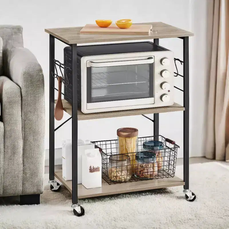 Étagère de cuisine à roulettes, Desserte de service à 3 niveaux, Chariot de cuisine, Étagère pour micro-ondes, pour Mini Four, Grille-pain, avec 6 Crochets