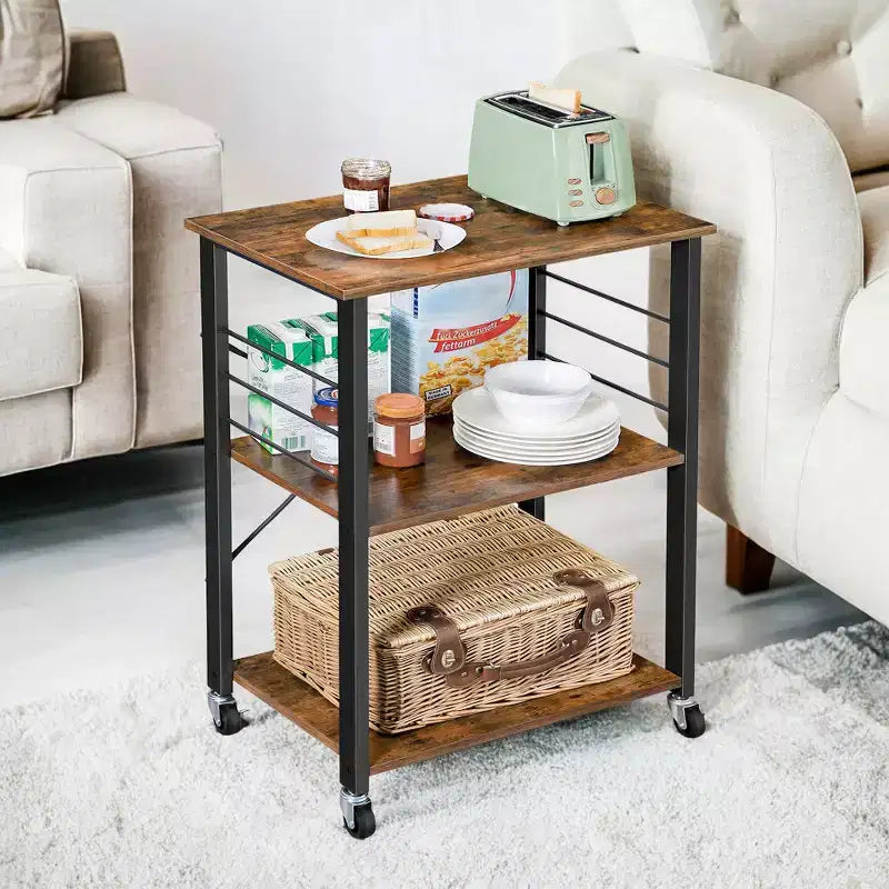 Étagère de cuisine à roulettes, Desserte de service à 3 niveaux, Chariot de cuisine, Étagère pour micro-ondes, pour Mini Four, Grille-pain, avec 6 Crochets