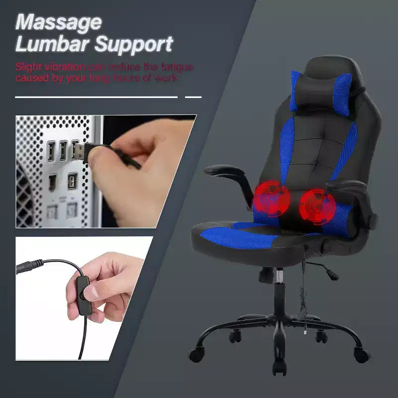 Chaise de jeu Fauteuil de bureau avec support lombaire, rembourrage et base pivotante à roulettes pour le jeu sur PC et l'utilisation exécutive