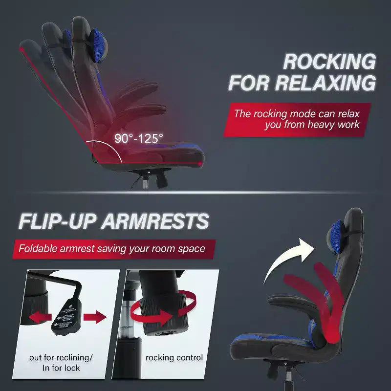 Chaise de jeu Fauteuil de bureau avec support lombaire, rembourrage et base pivotante à roulettes pour le jeu sur PC et l'utilisation exécutive