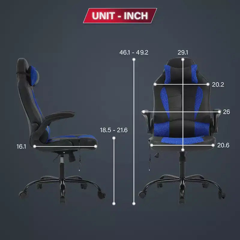 Chaise de jeu Fauteuil de bureau avec support lombaire, rembourrage et base pivotante à roulettes pour le jeu sur PC et l'utilisation exécutive