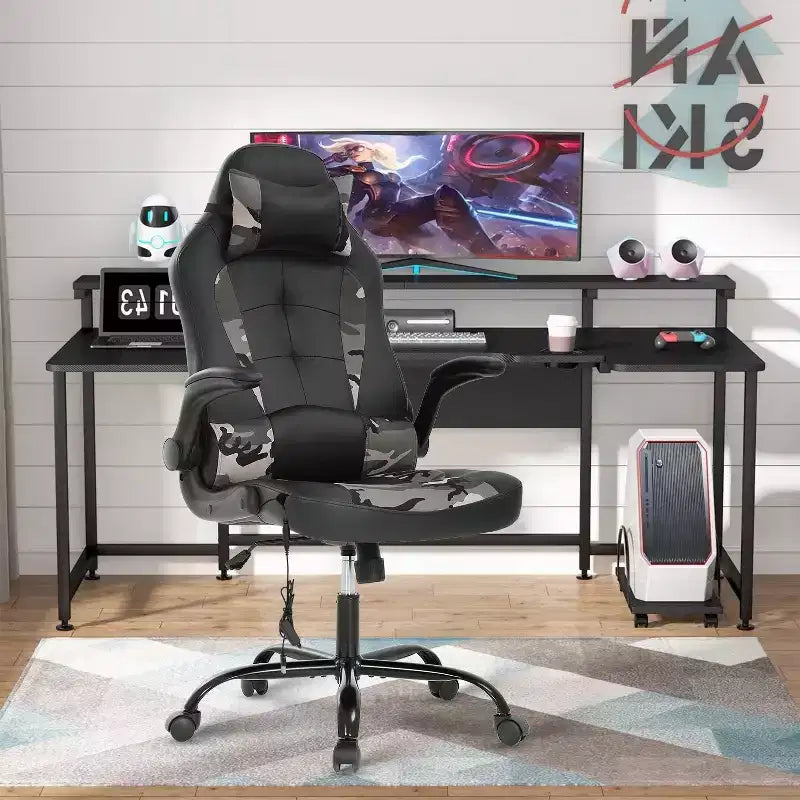 Chaise de jeu Fauteuil de bureau avec support lombaire, rembourrage et base pivotante à roulettes pour le jeu sur PC et l'utilisation exécutive