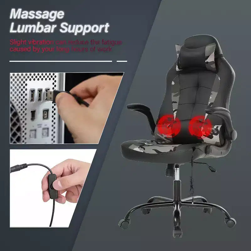 Chaise de jeu Fauteuil de bureau avec support lombaire, rembourrage et base pivotante à roulettes pour le jeu sur PC et l'utilisation exécutive