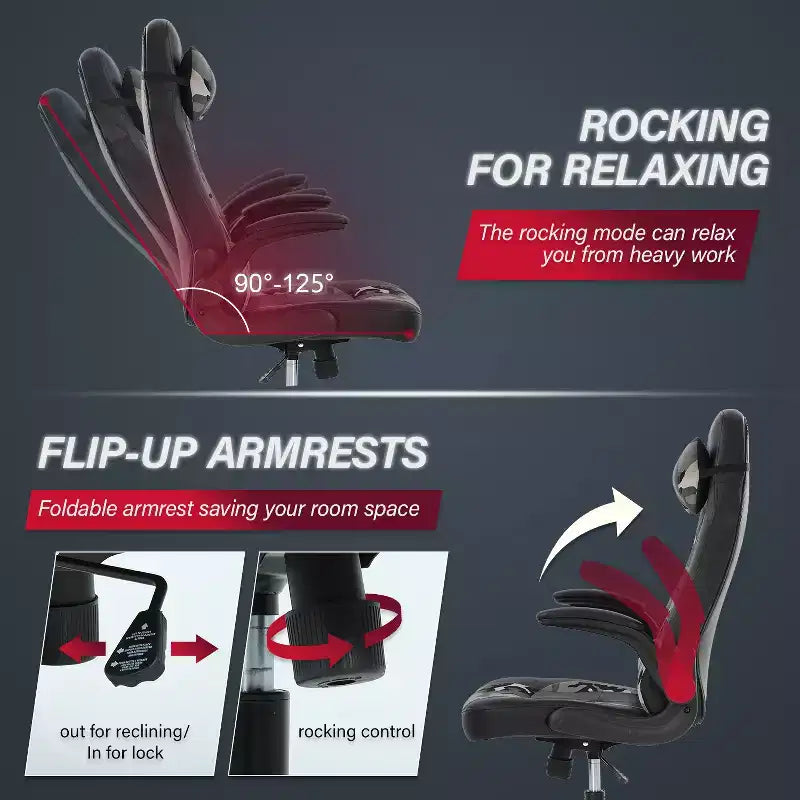 Chaise de jeu Fauteuil de bureau avec support lombaire, rembourrage et base pivotante à roulettes pour le jeu sur PC et l'utilisation exécutive