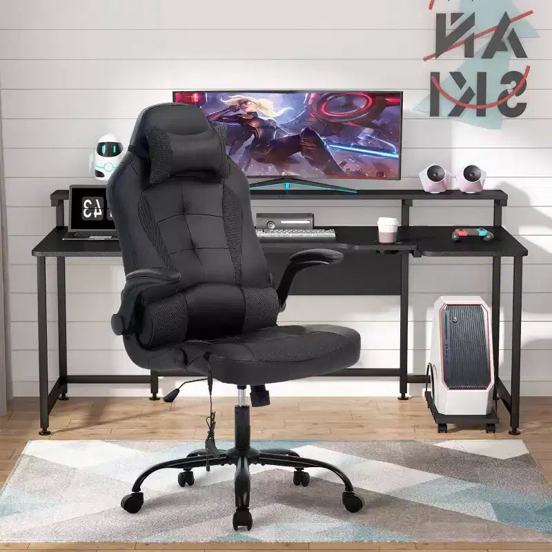 Chaise de jeu Fauteuil de bureau avec support lombaire, rembourrage et base pivotante à roulettes pour le jeu sur PC et l'utilisation exécutive