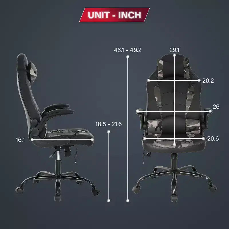 Chaise de jeu Fauteuil de bureau avec support lombaire, rembourrage et base pivotante à roulettes pour le jeu sur PC et l'utilisation exécutive