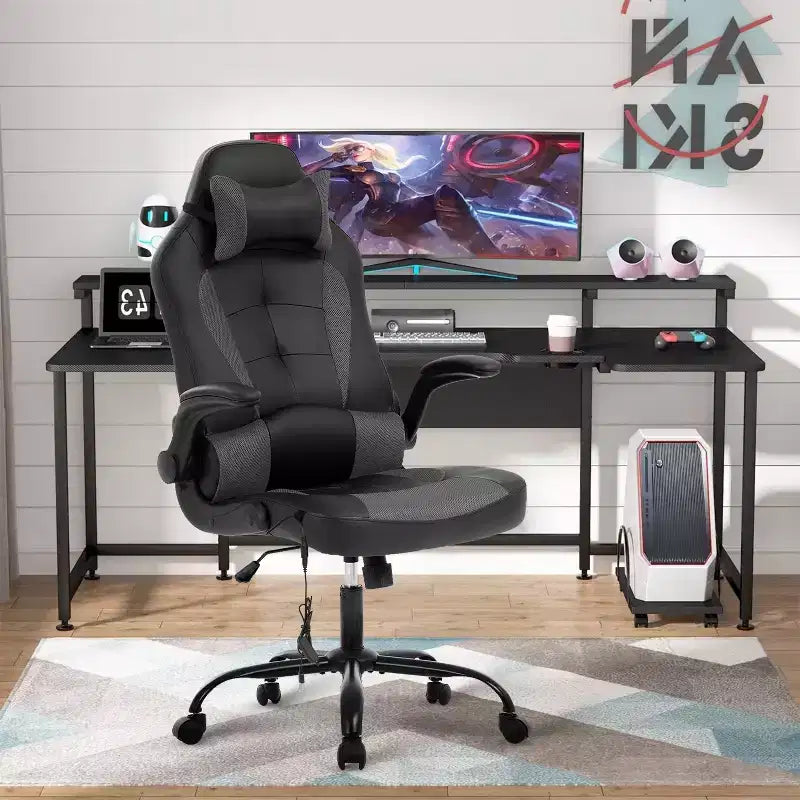 Chaise de jeu Fauteuil de bureau avec support lombaire, rembourrage et base pivotante à roulettes pour le jeu sur PC et l'utilisation exécutive