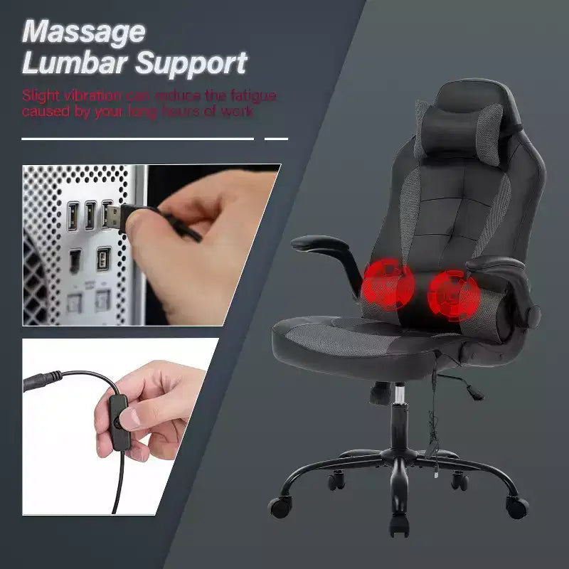 Chaise de jeu Fauteuil de bureau avec support lombaire, rembourrage et base pivotante à roulettes pour le jeu sur PC et l'utilisation exécutive