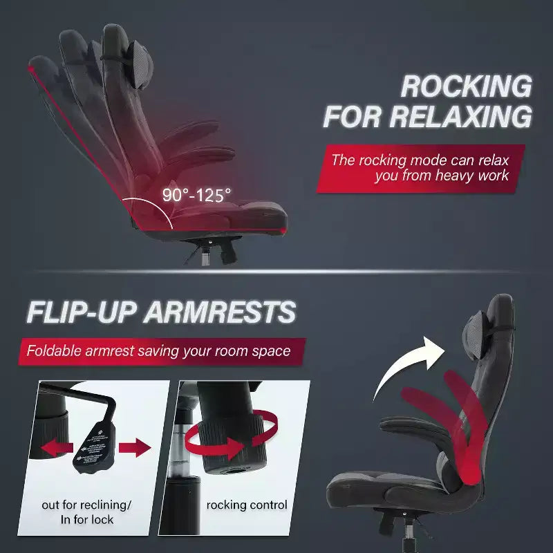 Chaise de jeu Fauteuil de bureau avec support lombaire, rembourrage et base pivotante à roulettes pour le jeu sur PC et l'utilisation exécutive