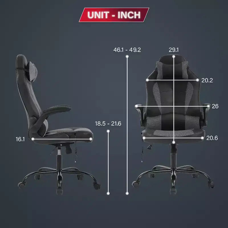 Chaise de jeu Fauteuil de bureau avec support lombaire, rembourrage et base pivotante à roulettes pour le jeu sur PC et l'utilisation exécutive