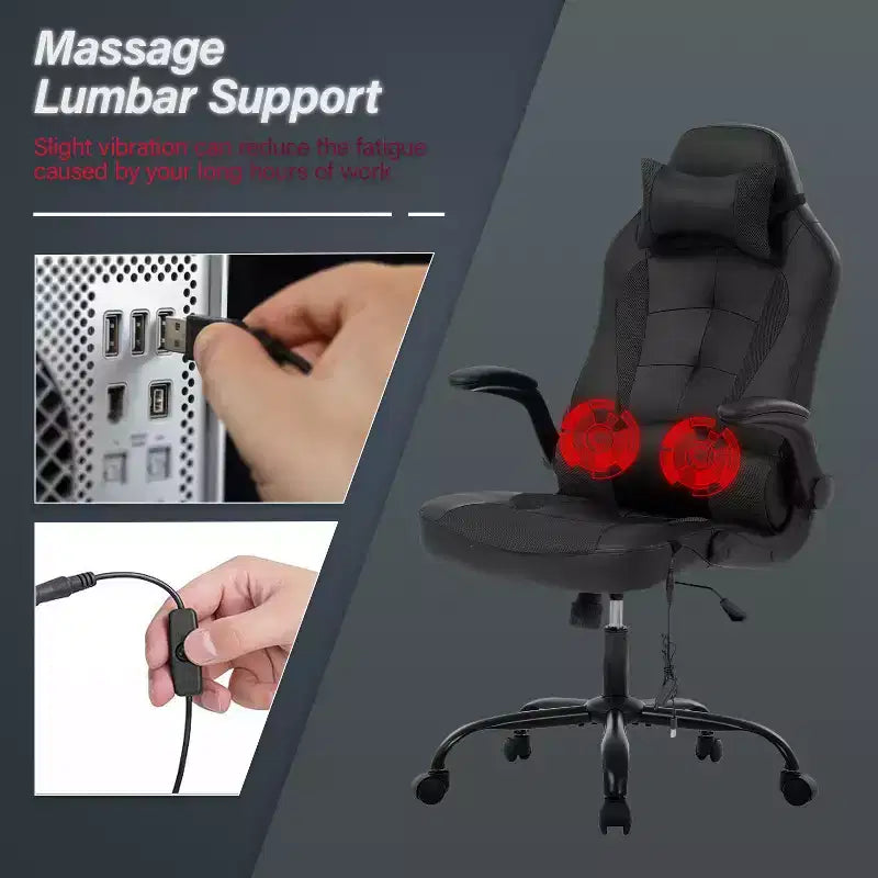 Chaise de jeu Fauteuil de bureau avec support lombaire, rembourrage et base pivotante à roulettes pour le jeu sur PC et l'utilisation exécutive