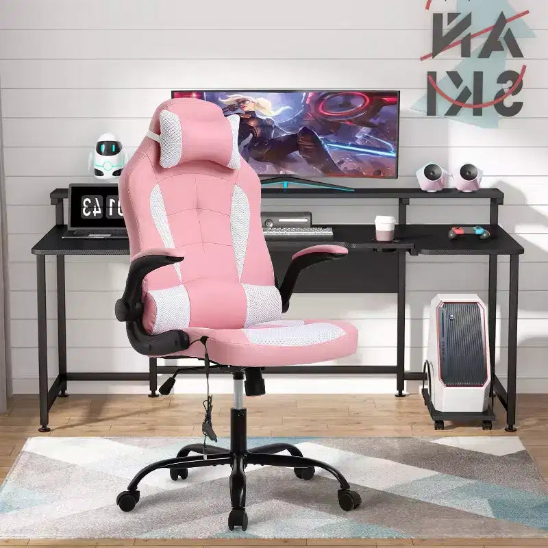 Chaise de jeu Fauteuil de bureau avec support lombaire, rembourrage et base pivotante à roulettes pour le jeu sur PC et l'utilisation exécutive
