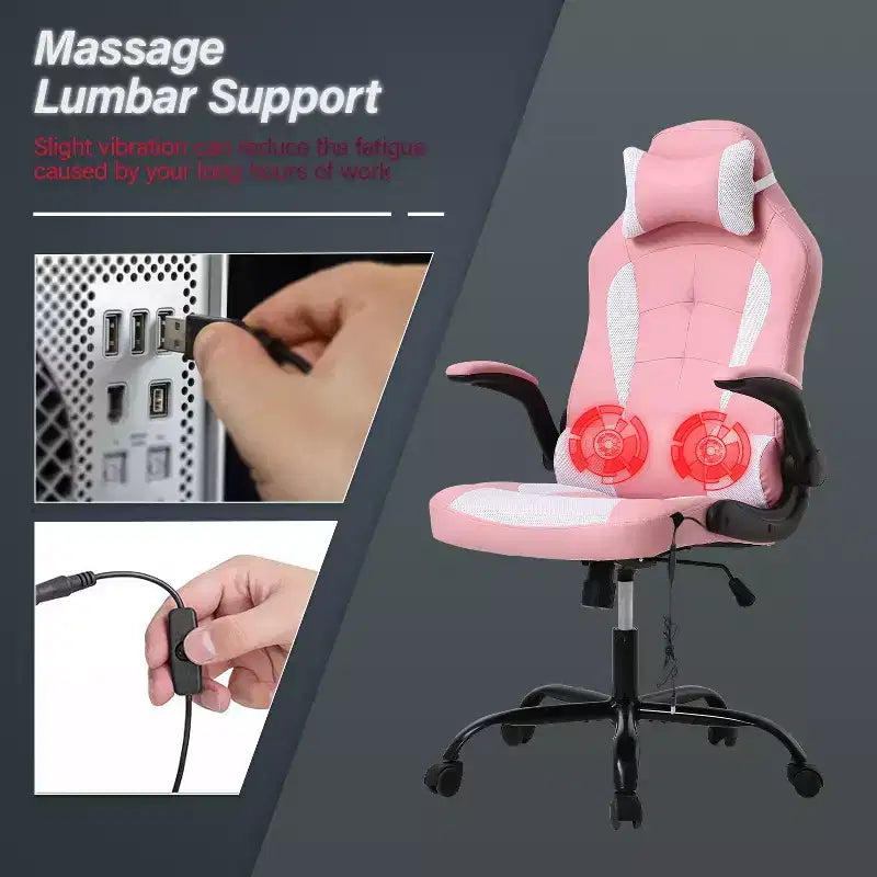 Chaise de jeu Fauteuil de bureau avec support lombaire, rembourrage et base pivotante à roulettes pour le jeu sur PC et l'utilisation exécutive