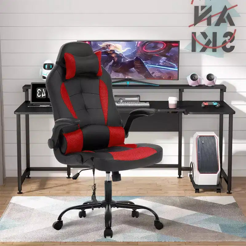 Chaise de jeu Fauteuil de bureau avec support lombaire, rembourrage et base pivotante à roulettes pour le jeu sur PC et l'utilisation exécutive