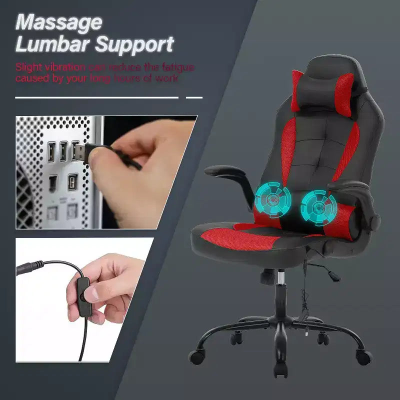 Chaise de jeu Fauteuil de bureau avec support lombaire, rembourrage et base pivotante à roulettes pour le jeu sur PC et l'utilisation exécutive