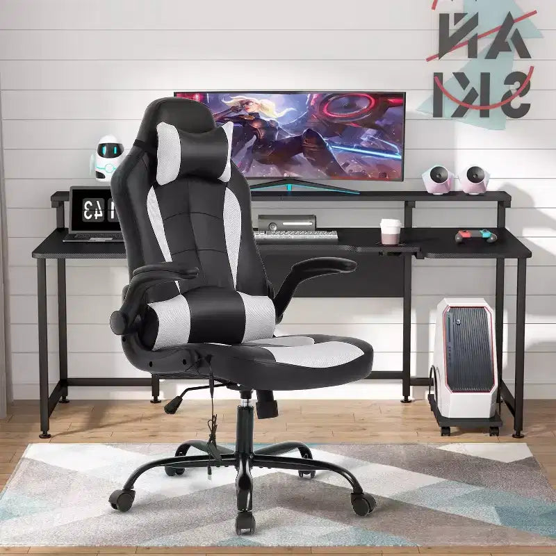 Chaise de jeu Fauteuil de bureau avec support lombaire, rembourrage et base pivotante à roulettes pour le jeu sur PC et l'utilisation exécutive