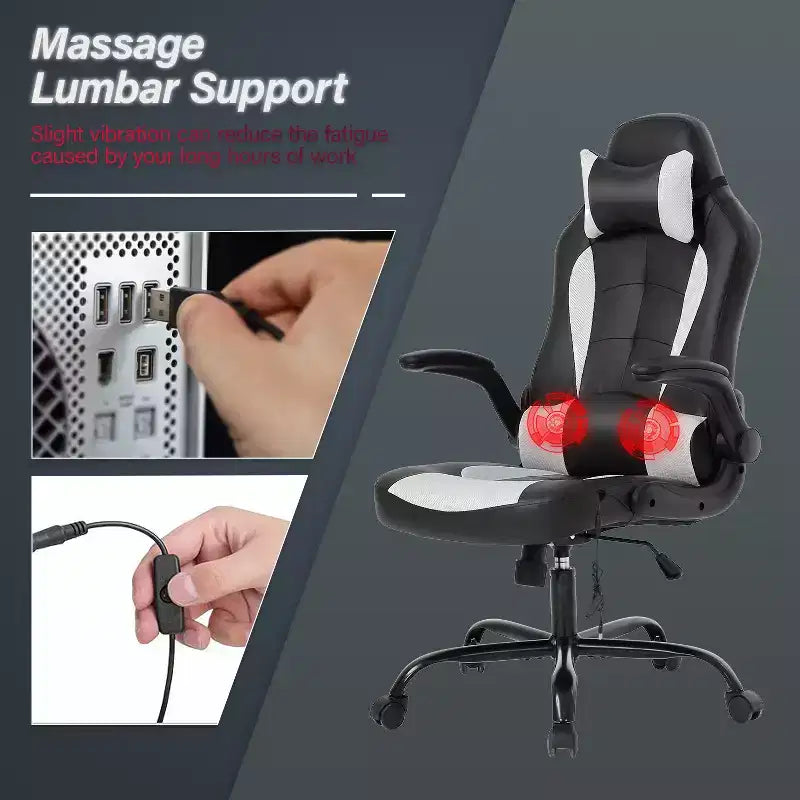 Chaise de jeu Fauteuil de bureau avec support lombaire, rembourrage et base pivotante à roulettes pour le jeu sur PC et l'utilisation exécutive