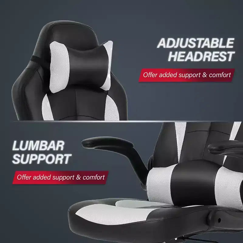 Chaise de jeu Fauteuil de bureau avec support lombaire, rembourrage et base pivotante à roulettes pour le jeu sur PC et l'utilisation exécutive