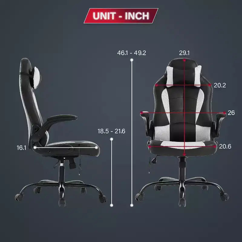 Chaise de jeu Fauteuil de bureau avec support lombaire, rembourrage et base pivotante à roulettes pour le jeu sur PC et l'utilisation exécutive