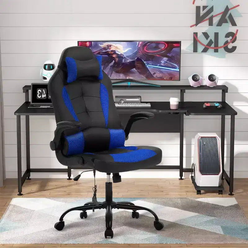 Chaise de jeu Fauteuil de bureau avec support lombaire, rembourrage et base pivotante à roulettes pour le jeu sur PC et l'utilisation exécutive