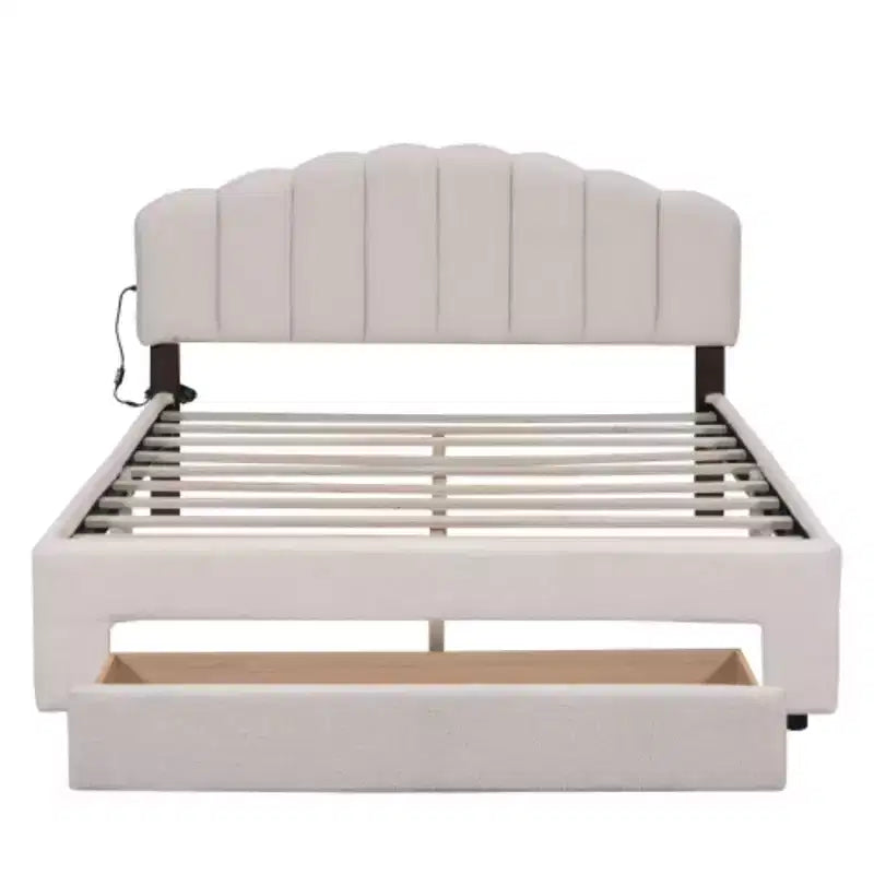 Lit plateforme capitonné Queen-Size en polaire Teddy avec compartiment de rangement