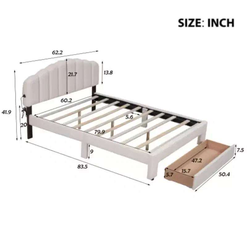 Lit plateforme capitonné Queen-Size en polaire Teddy avec compartiment de rangement