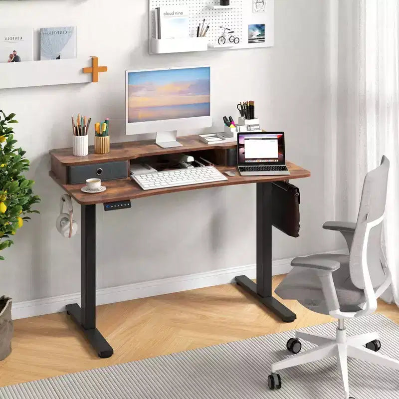Bureau Debout Électrique 48x 24 avec 2 Tiroirs Support Moniteur Étagère de Rangement Marron/Noir/Blanc
