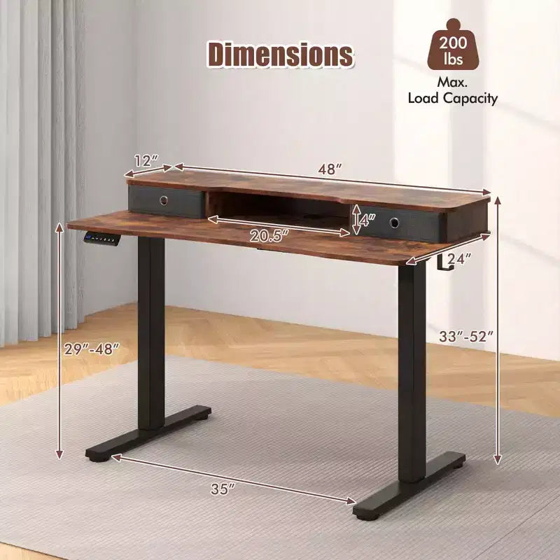 Bureau Debout Électrique 48x 24 avec 2 Tiroirs Support Moniteur Étagère de Rangement Marron/Noir/Blanc