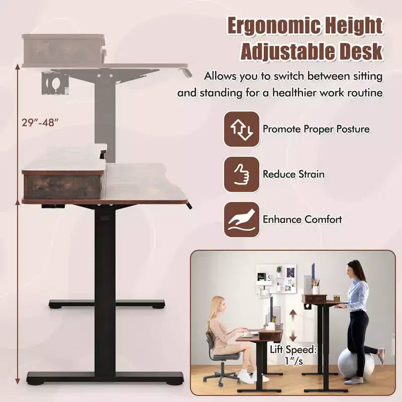 Bureau Debout Électrique 48x 24 avec 2 Tiroirs Support Moniteur Étagère de Rangement Marron/Noir/Blanc