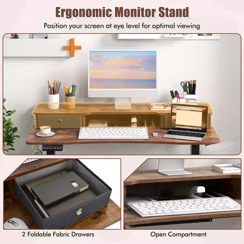 Bureau Debout Électrique 48x 24 avec 2 Tiroirs Support Moniteur Étagère de Rangement Marron/Noir/Blanc