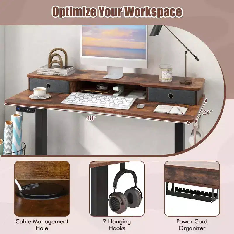 Bureau Debout Électrique 48x 24 avec 2 Tiroirs Support Moniteur Étagère de Rangement Marron/Noir/Blanc