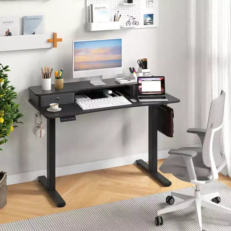 Bureau Debout Électrique 48x 24 avec 2 Tiroirs Support Moniteur Étagère de Rangement Marron/Noir/Blanc