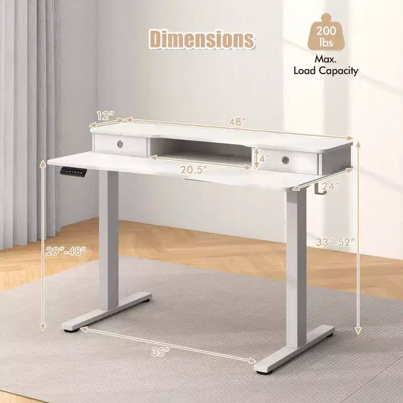 Bureau Debout Électrique 48x 24 avec 2 Tiroirs Support Moniteur Étagère de Rangement Marron/Noir/Blanc