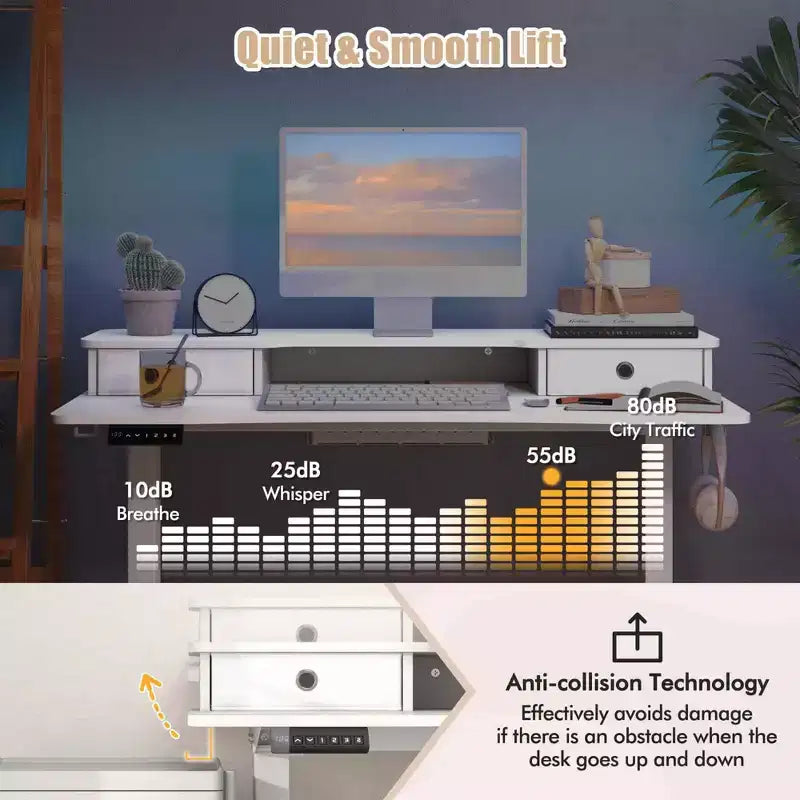 Bureau Debout Électrique 48x 24 avec 2 Tiroirs Support Moniteur Étagère de Rangement Marron/Noir/Blanc