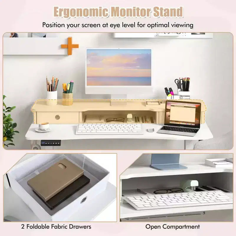Bureau Debout Électrique 48x 24 avec 2 Tiroirs Support Moniteur Étagère de Rangement Marron/Noir/Blanc